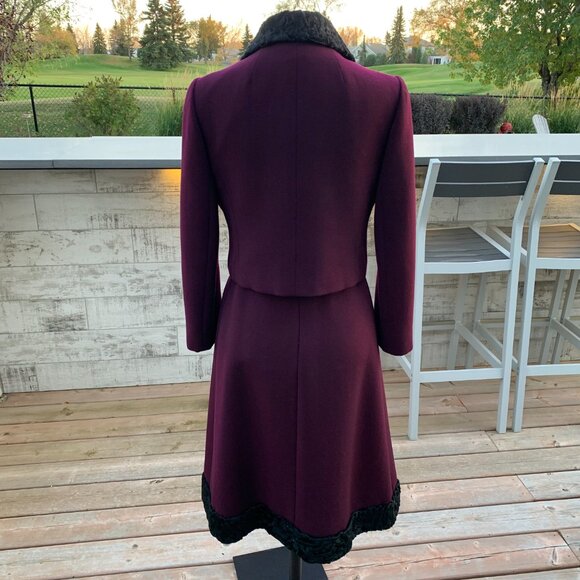 Vintage 60s Burgundy Black Faux Fur Trim 2 Pc Belted Dress Cropped Blazer Set - Picture 3 of 16